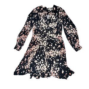 Whistles Mottled Animal Button Dress Women's Size 6 Black Pink L/S Back Zip
